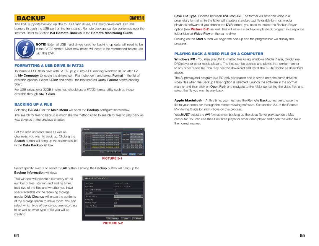 Q-See H264 user manual Backup, Formatting a USB Drive in FAT32, Backing UP a File, Playing Back a Video File on a Computer 