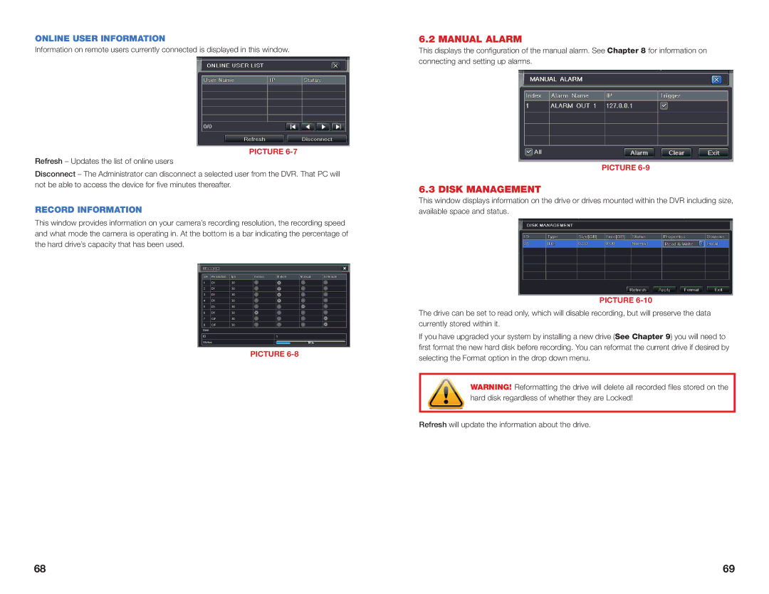 Q-See H264 user manual Manual Alarm, Disk Management, Online User Information, Record Information 