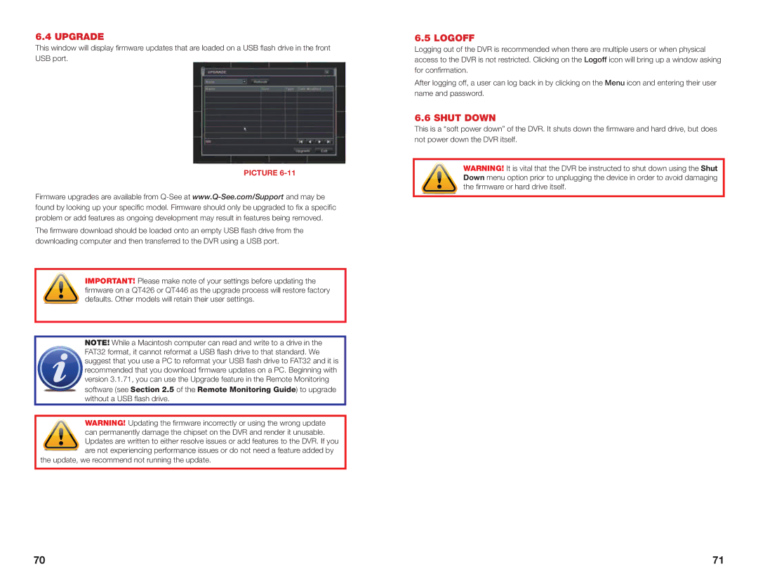 Q-See H264 user manual Upgrade, Logoff, Shut Down 