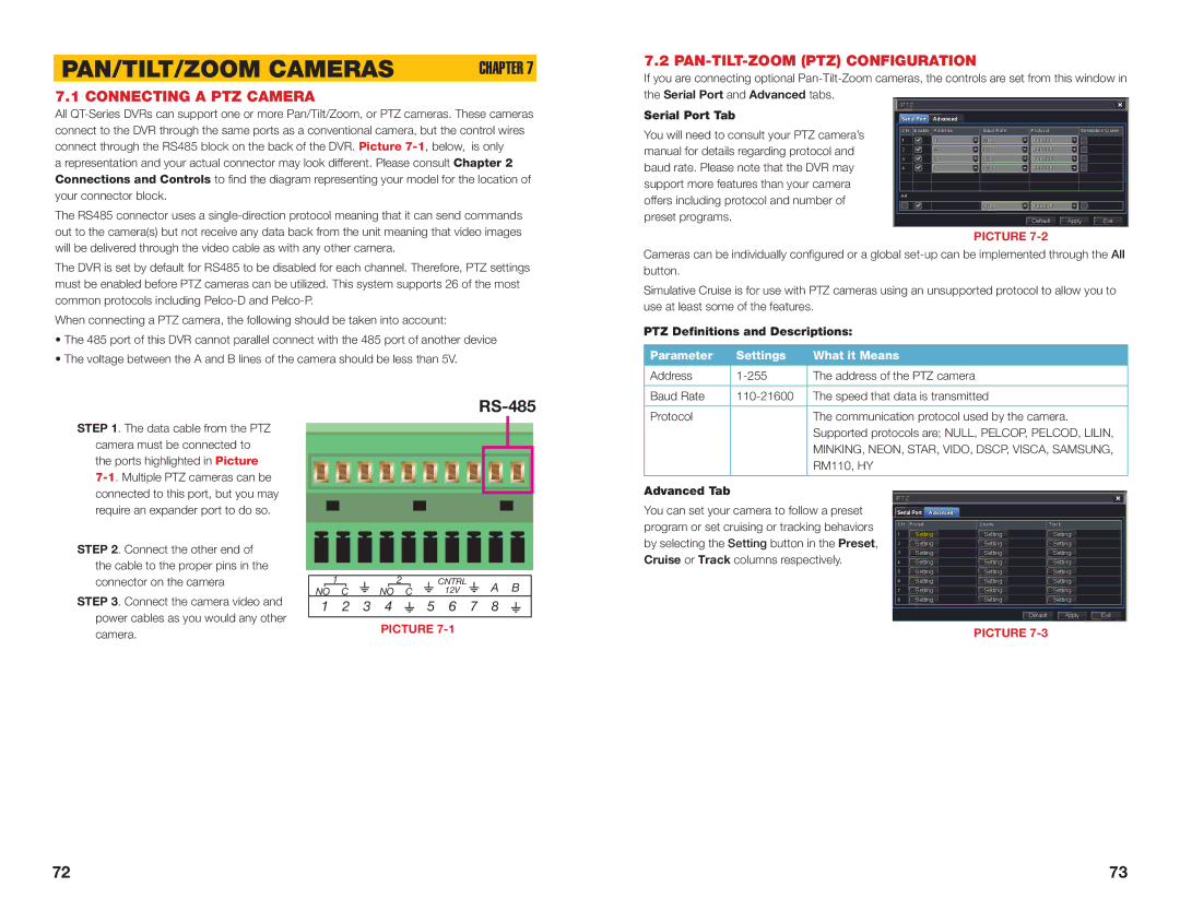 Q-See H264 user manual PAN/TILT/ZOOM Cameras, Connecting a PTZ Camera, PAN-TILT-ZOOM PTZ Configuration 