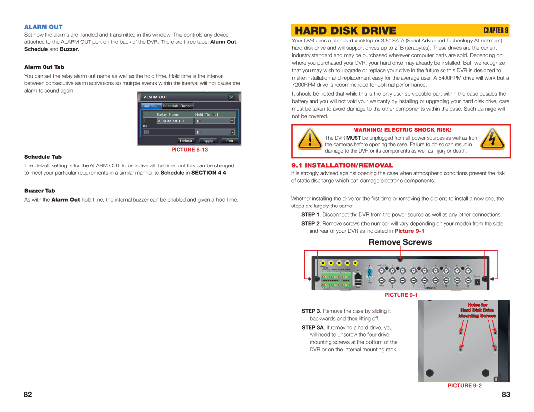 Q-See H264 user manual Hard Disk Drive, Installation/Removal, Alarm OUT, Alarm Out Tab, Buzzer Tab 