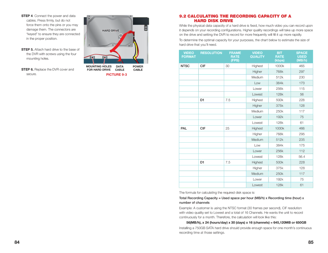 Q-See H264 user manual Calculating the Recording Capacity of a Hard Disk Drive, Ntsc CIF, Pal Cif 