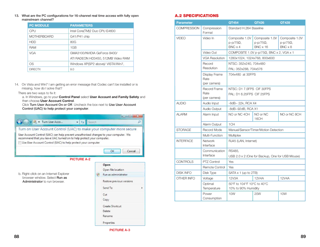 Q-See H264 user manual Specifications, Parameter QT454 QT426 QT428 