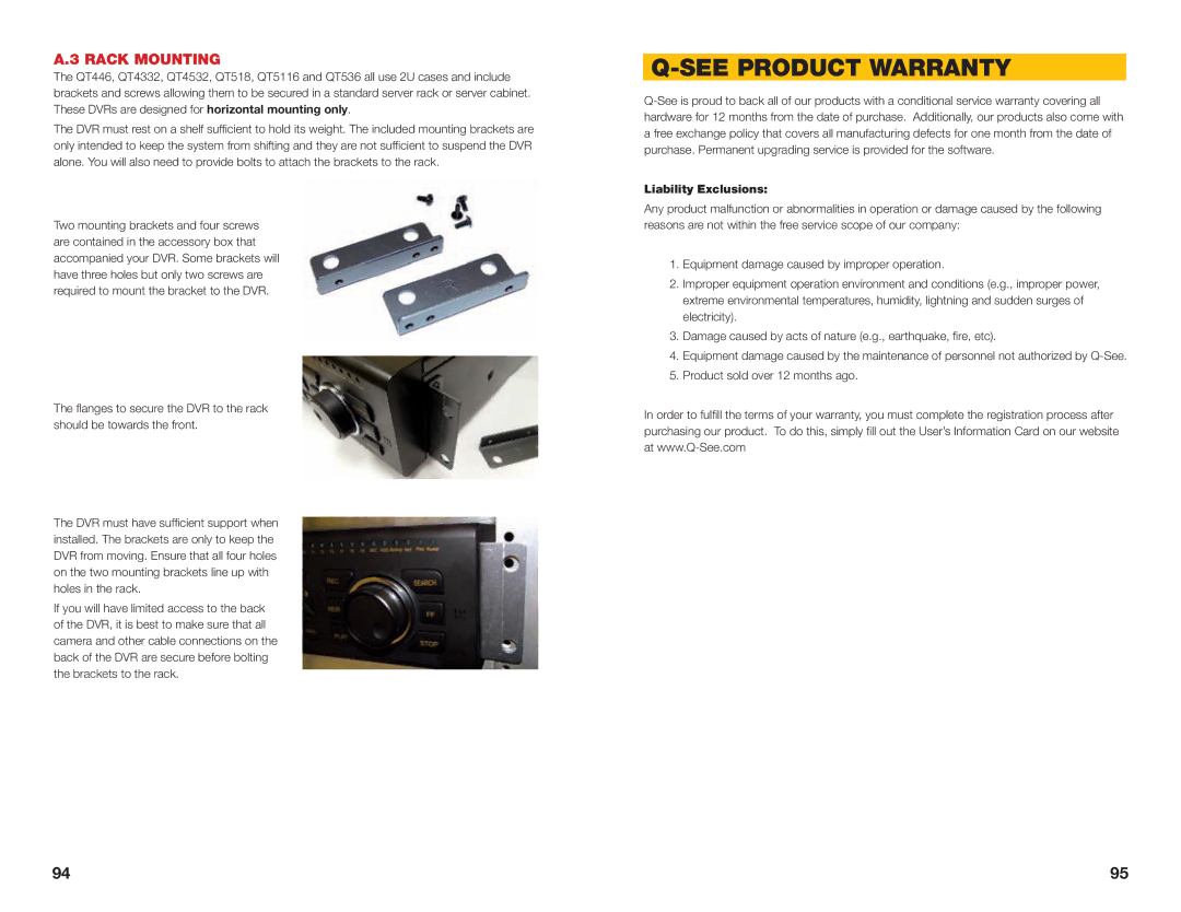 Q-See H264 user manual See Product Warranty, Rack Mounting, Liability Exclusions 