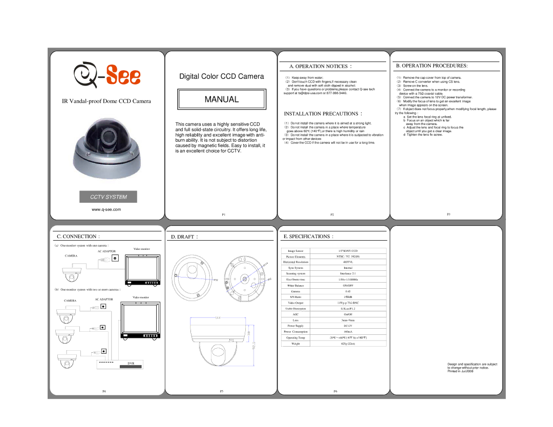 Q-See Home Security System specifications Operation Notices, Installation Precautions, Operation Procedures 