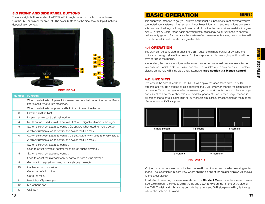 Q-See MODEL QC40196, MODEL QC40198 user manual Basic Operation, Front and Side Panel Buttons, Live View 