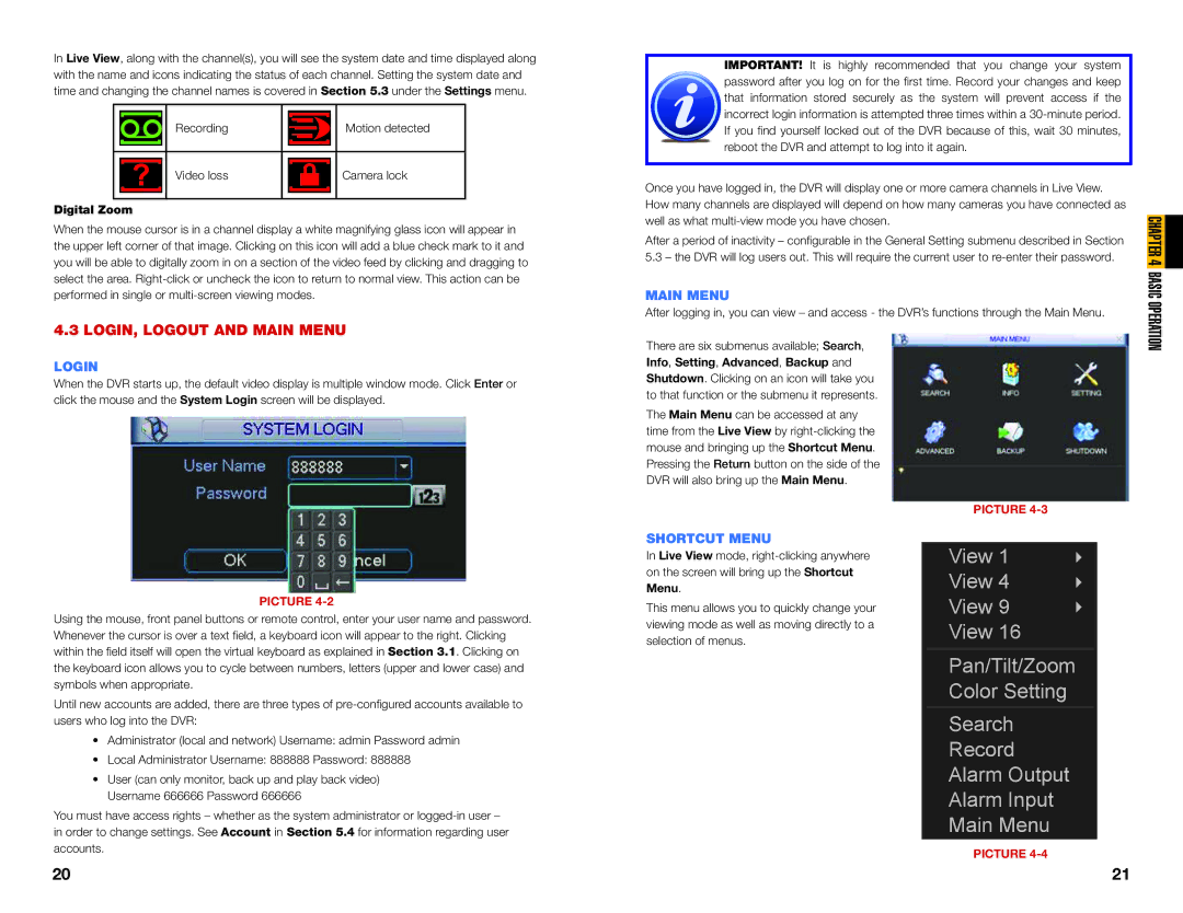 Q-See MODEL QC40198, MODEL QC40196 user manual LOGIN, Logout and Main Menu, Login, Shortcut Menu, Digital Zoom 