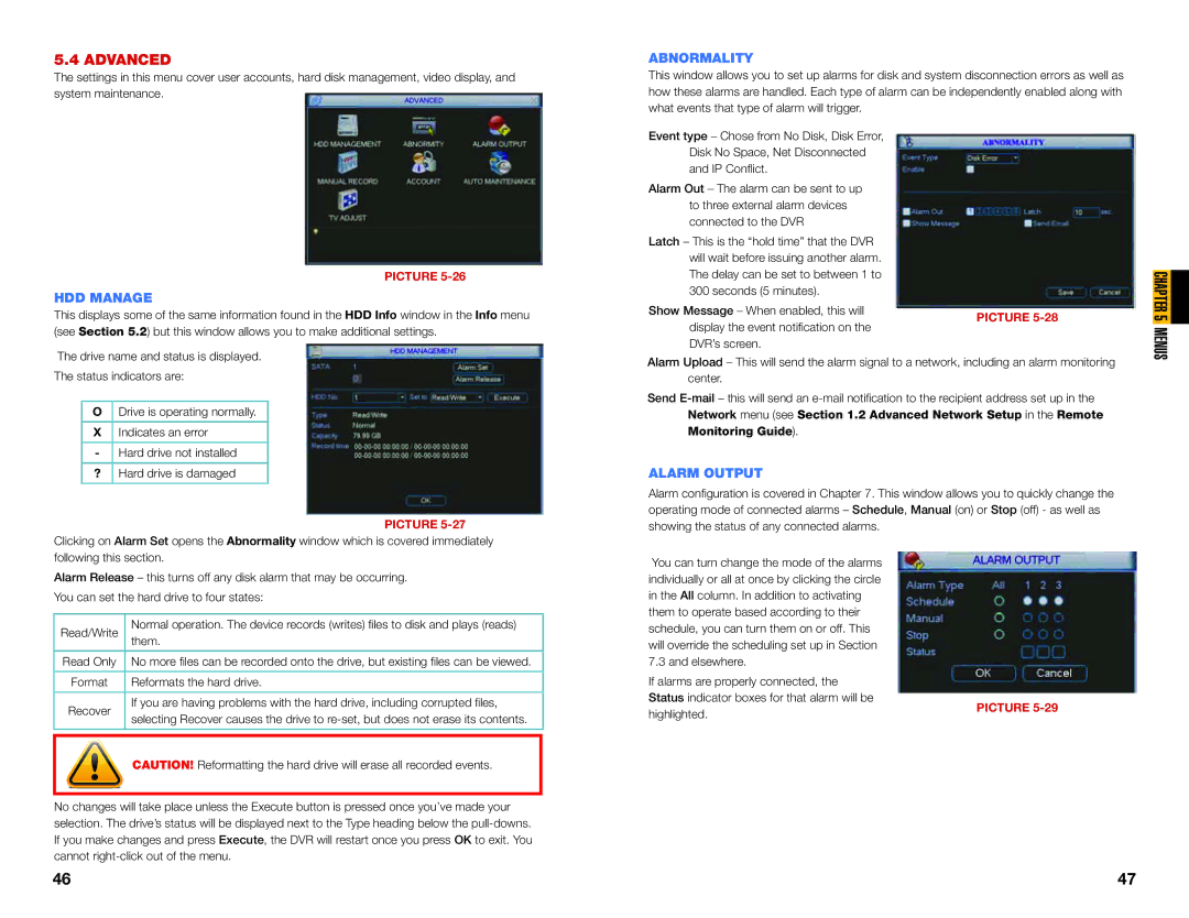 Q-See MODEL QC40196, MODEL QC40198 user manual Advanced, HDD Manage, Abnormality, Alarm Output 