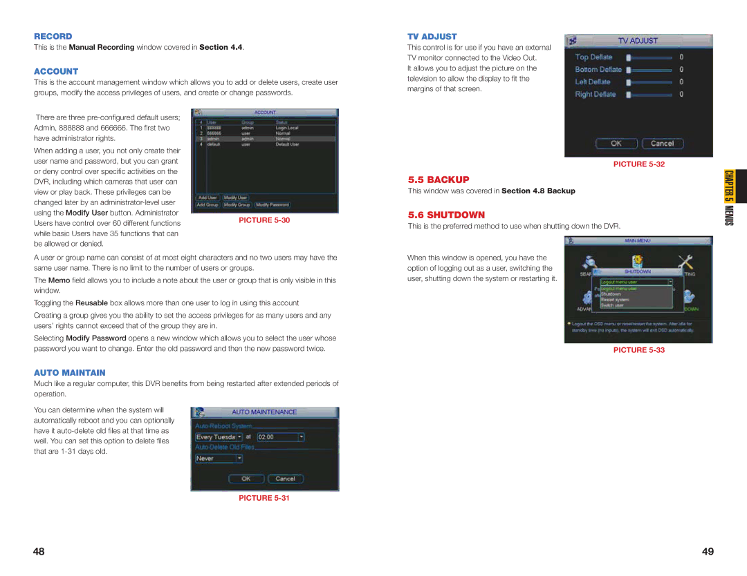 Q-See MODEL QC40198, MODEL QC40196 user manual Shutdown, Record, Account, Auto Maintain, TV Adjust 