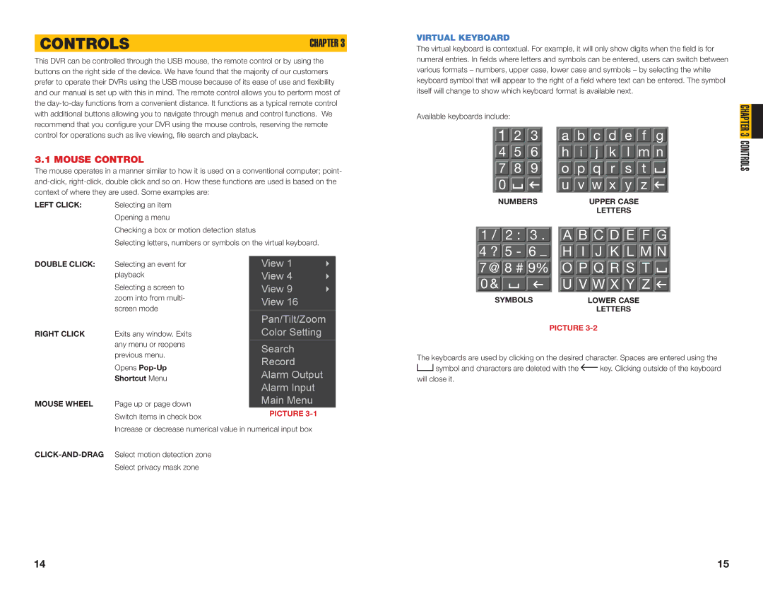 Q-See MODEL QC40196, MODEL QC40198 user manual Controls, Mouse Control, Virtual Keyboard 