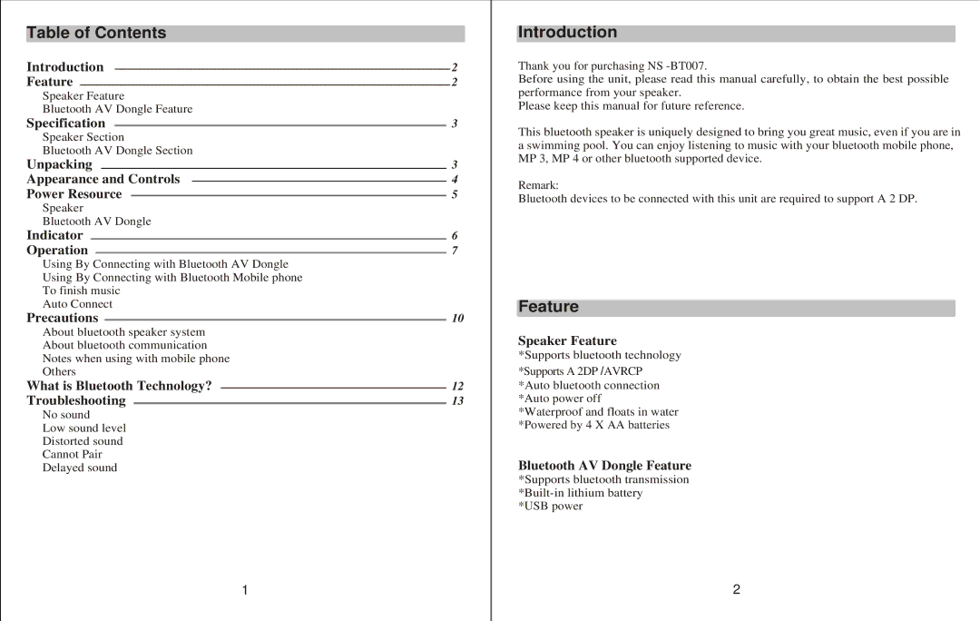 Q-See NS -BT007 manual Table of Contents, Introduction, Feature 