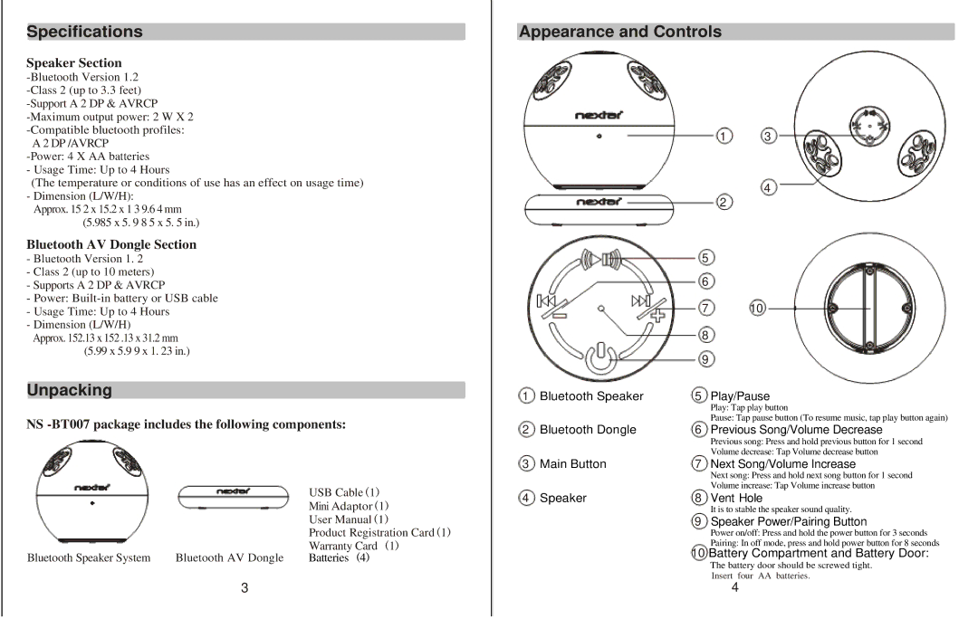 Q-See NS -BT007 manual Specifications, Unpacking, Appearance and Controls, Speaker Section, Bluetooth AV Dongle Section 