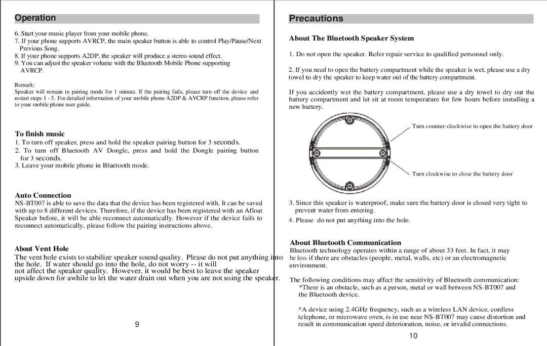 Q-See NS -BT007 manual Precautions, Avrcp 