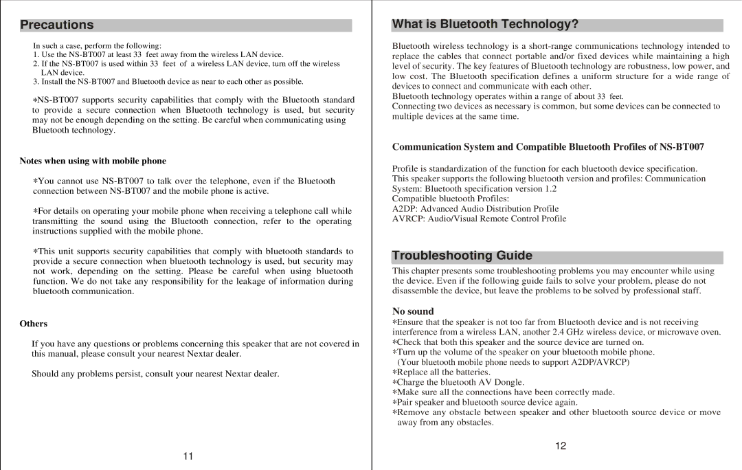 Q-See NS -BT007 manual Troubleshooting Guide, What is Bluetooth Technology?, No sound, Others, Replace all the batteries 