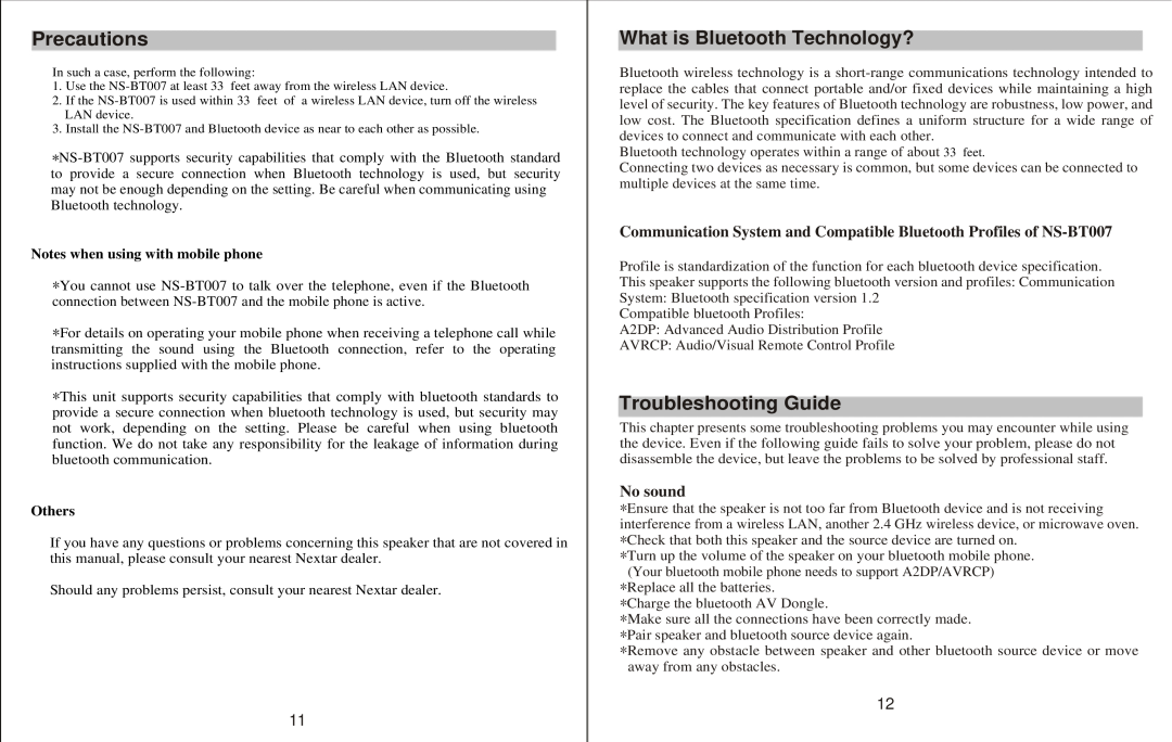Q-See NS -BT007 manual Troubleshooting Guide, What is Bluetooth Technology?, No sound, Precautions, Others 