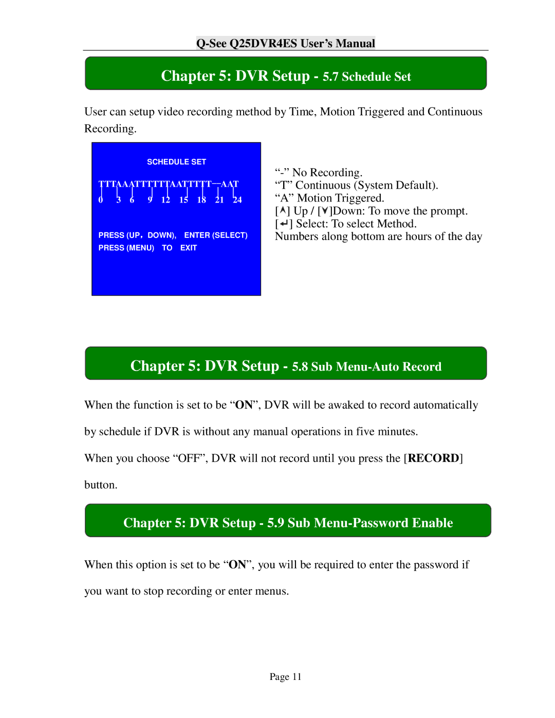 Q-See Q25DVR4ES user manual DVR Setup 5.7 Schedule Set, DVR Setup 5.8 Sub Menu-Auto Record 