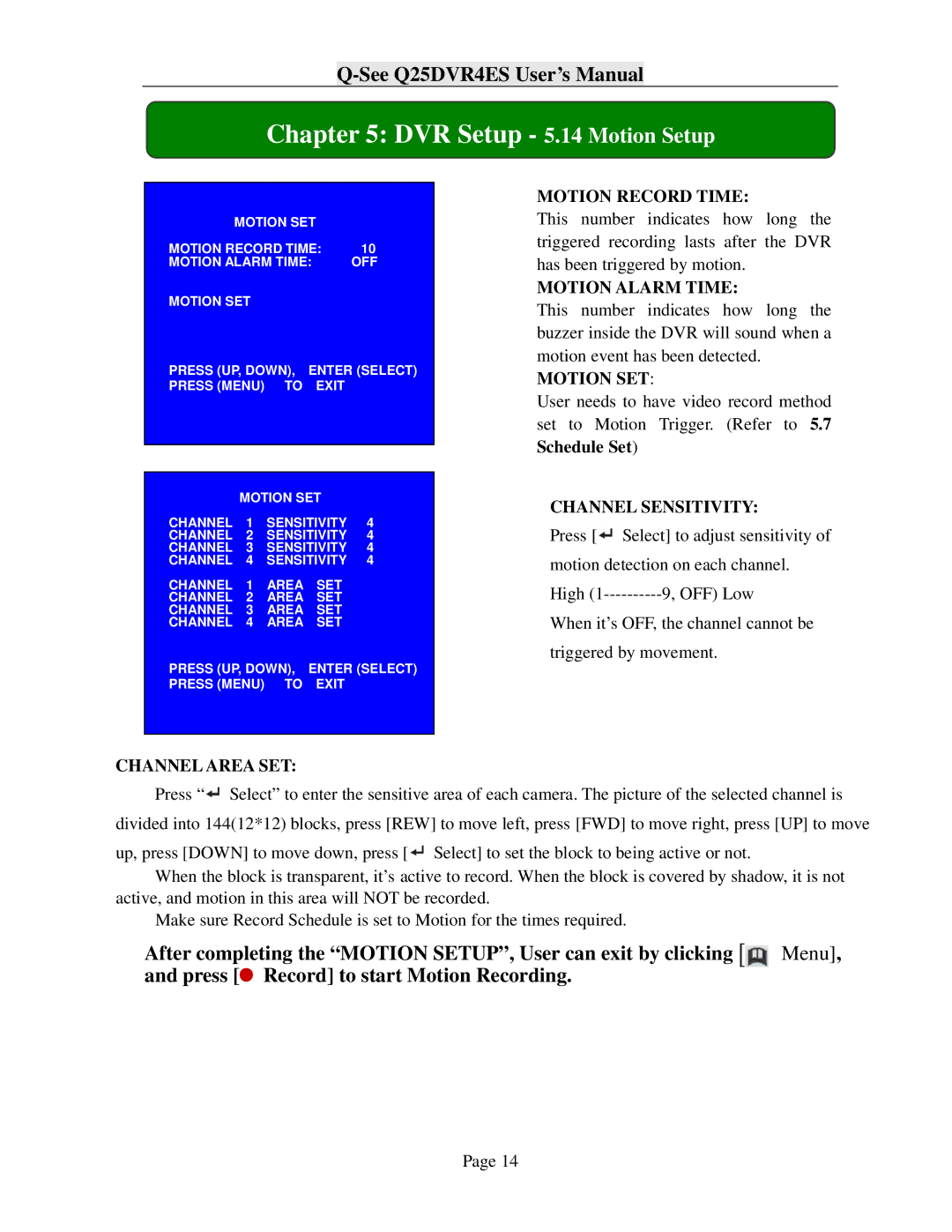 Q-See Q25DVR4ES user manual DVR Setup 5.14 Motion Setup, Motion Record Time 