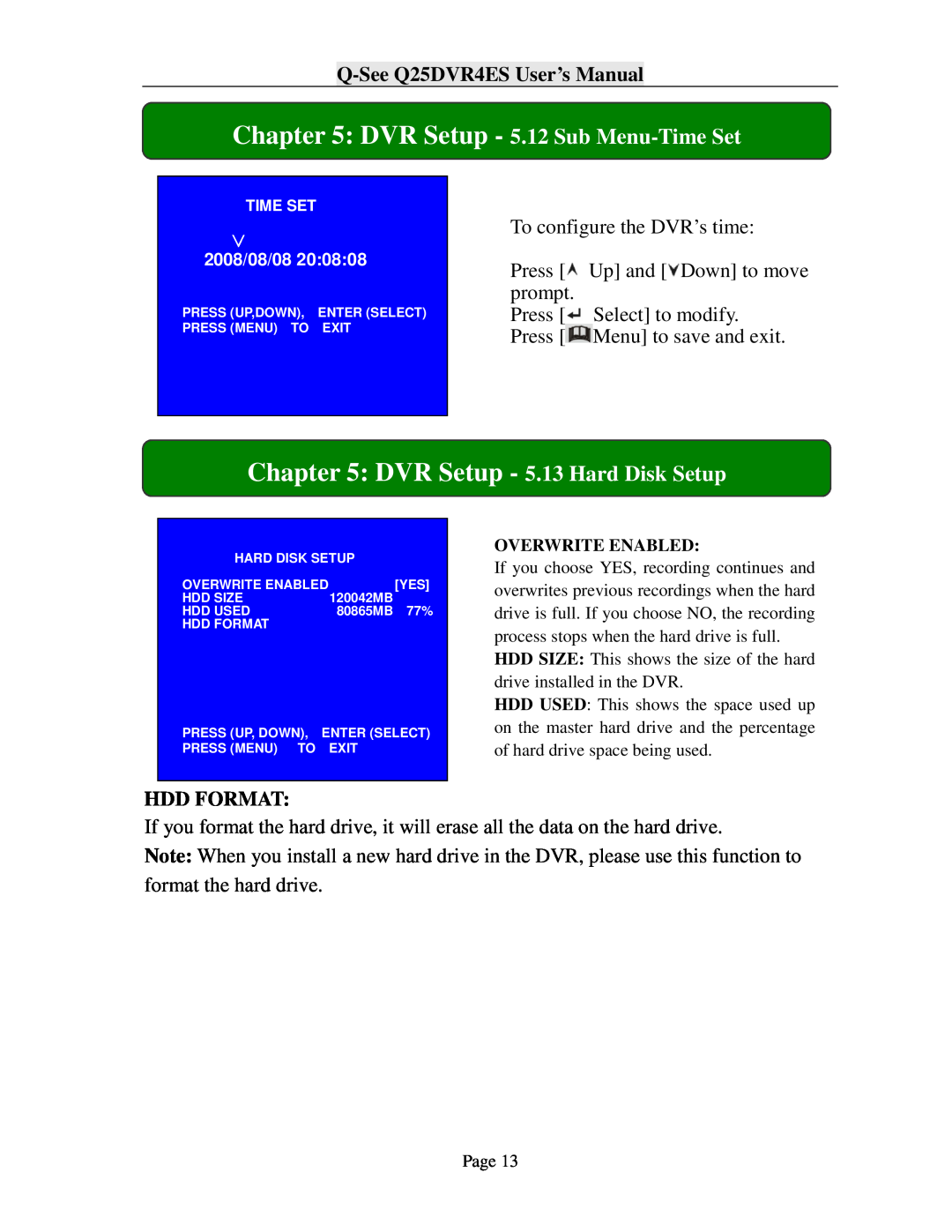 Q-See DVR Setup - 5.12 Sub Menu-TimeSet, DVR Setup - 5.13 Hard Disk Setup, Q-SeeQ25DVR4ES User’s Manual, Hdd Format 