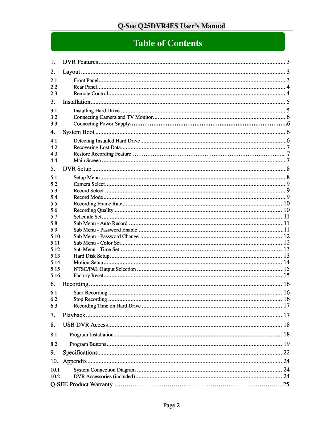 Q-See user manual Table of Contents, Q-SeeQ25DVR4ES User’s Manual 