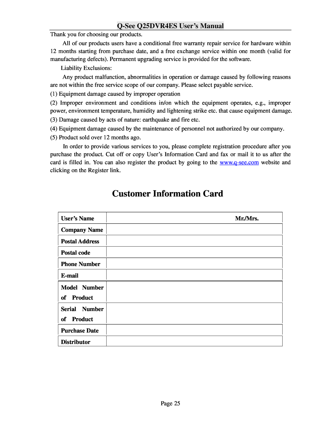 Q-See Customer Information Card, Q-SeeQ25DVR4ES User’s Manual, User’s Name Company Name Postal Address, Mr./Mrs 