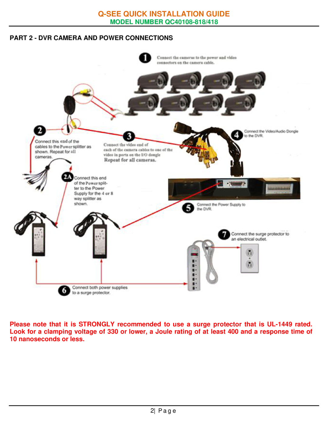 Q-See QC40108-818, QC40108-418 manual Part 2 DVR Camera and Power Connections 