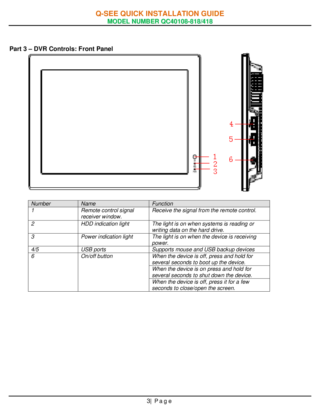 Q-See QC40108-418, QC40108-818 manual Part 3 DVR Controls Front Panel 