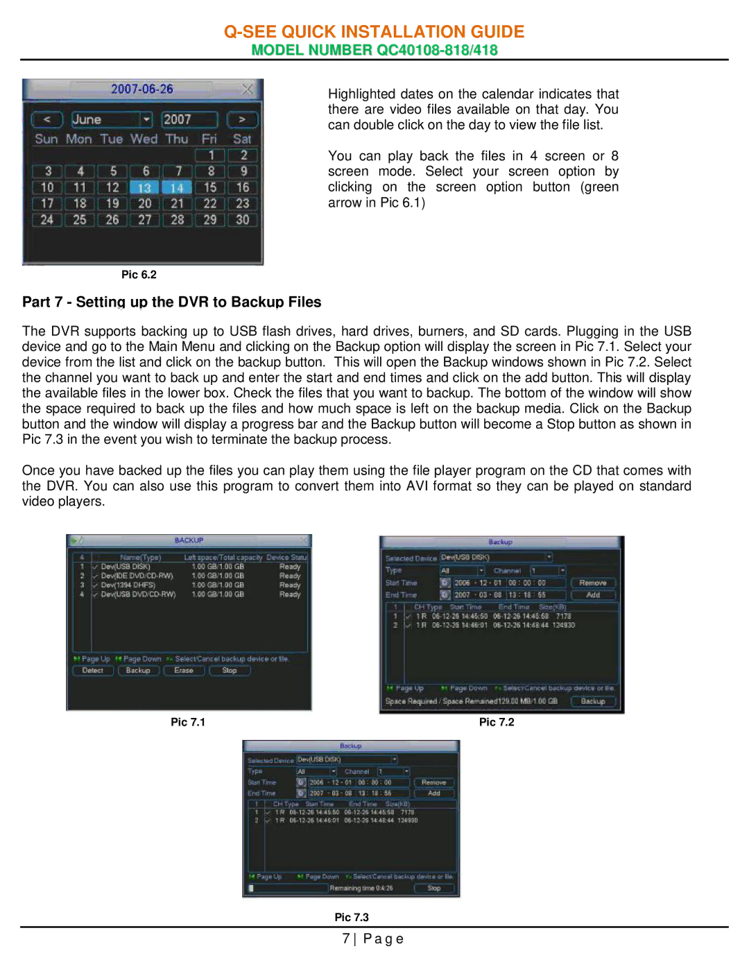 Q-See QC40108-418, QC40108-818 manual Part 7 Setting up the DVR to Backup Files 