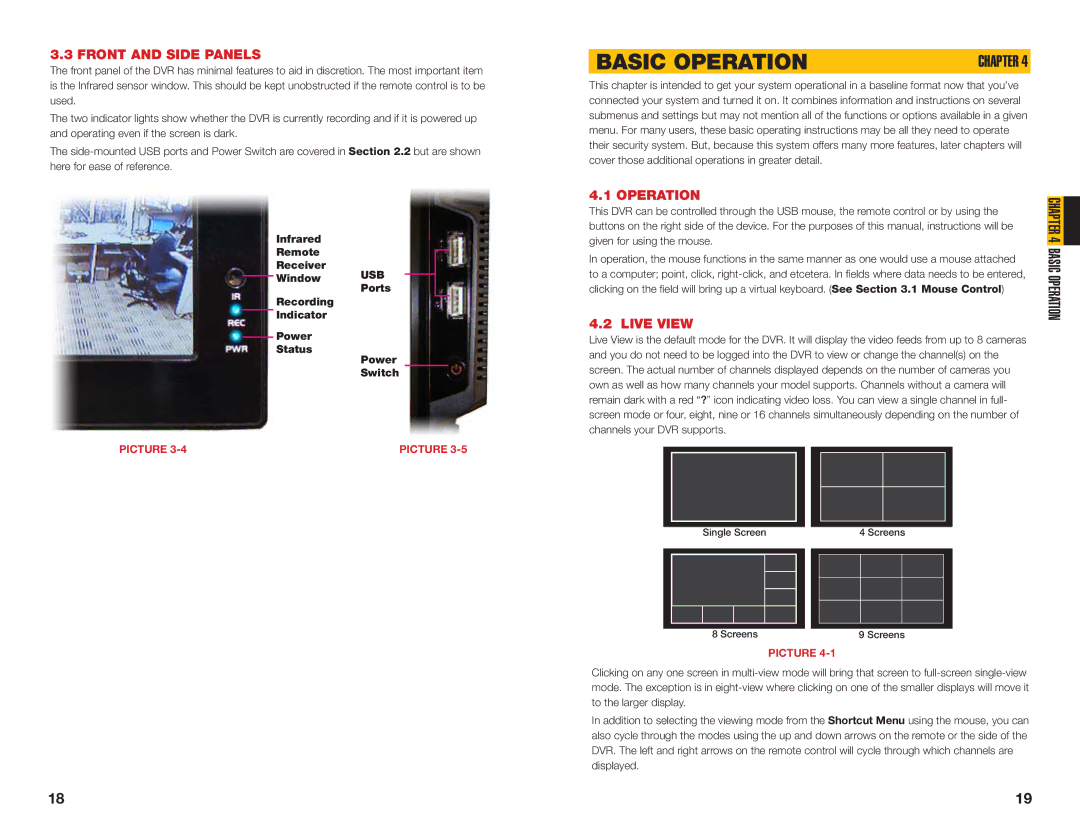 Q-See QC40108 user manual Basic Operation, Front and Side Panels, Live View 