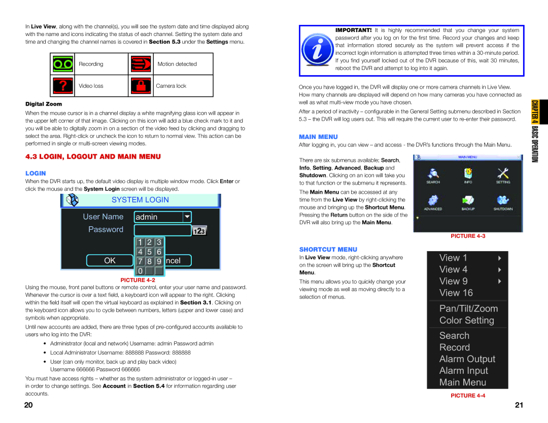 Q-See QC40108 user manual LOGIN, Logout and Main Menu, Login, Shortcut Menu, Digital Zoom 