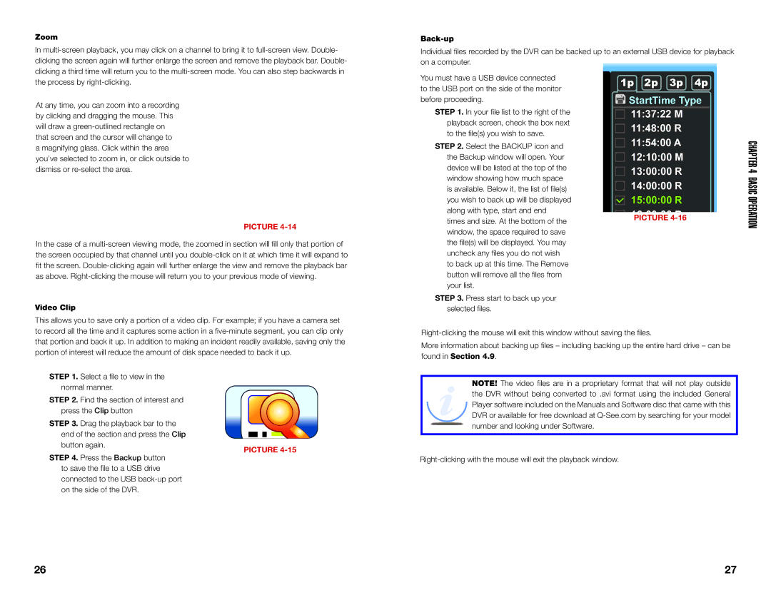 Q-See QC40108 user manual Zoom, Back-up, Video Clip 