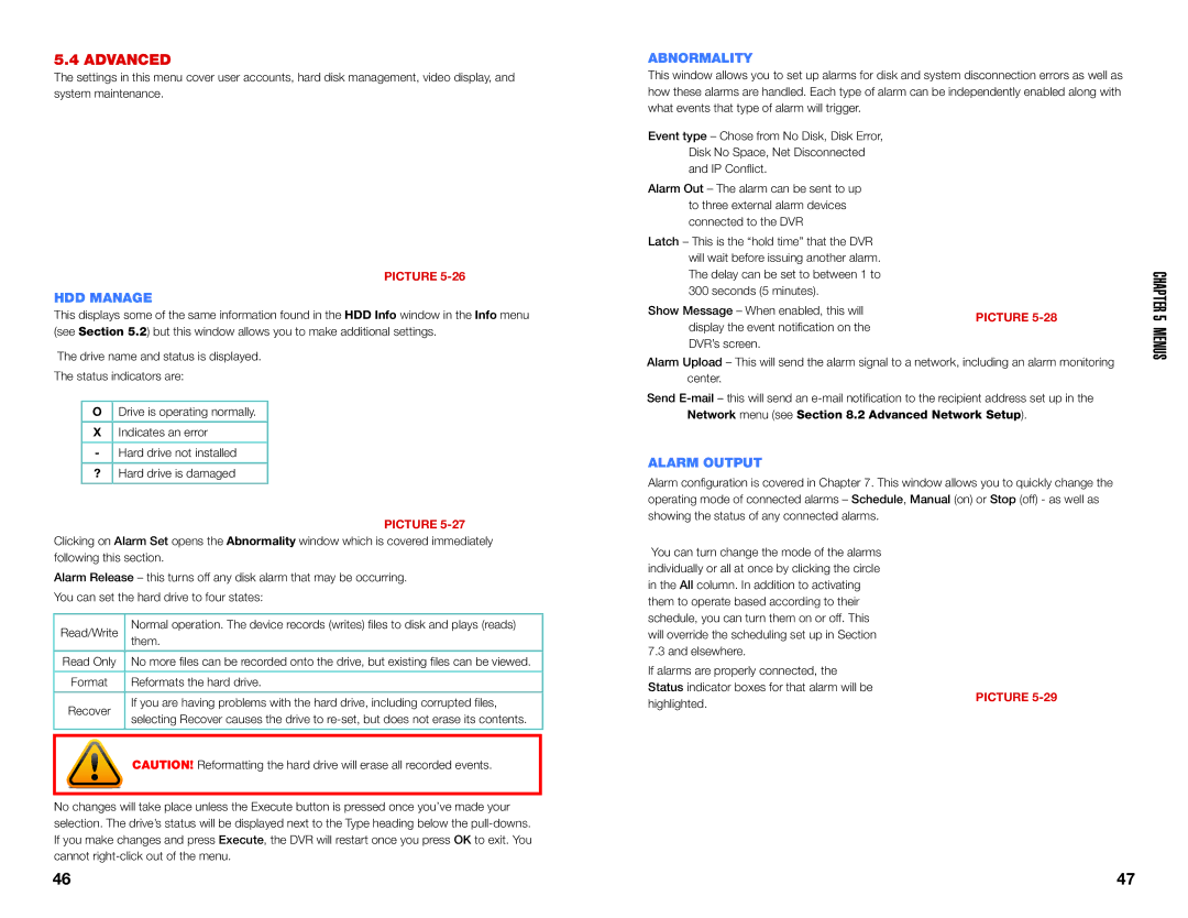 Q-See QC40108 user manual Advanced, HDD Manage, Abnormality, Alarm Output 