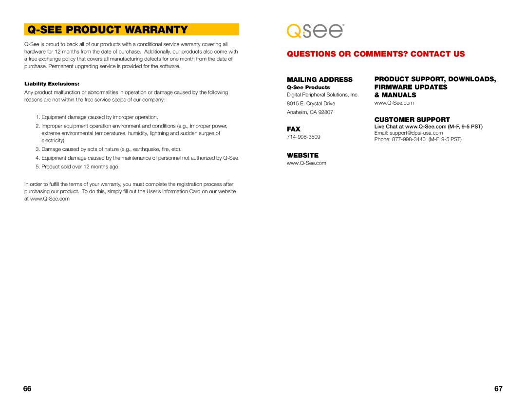 Q-See QC40108 user manual See Product Warranty, Liability Exclusions, See Products 