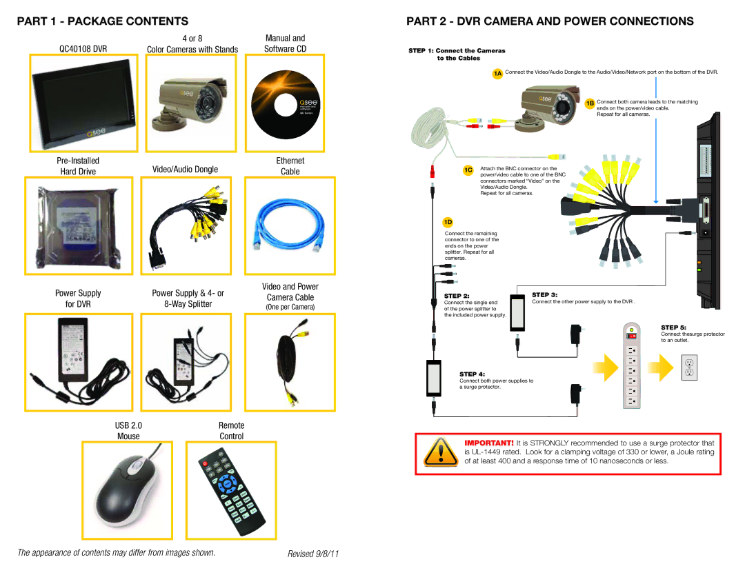 Q-See QC40108 manual Part 1 Package Contents, Part 2 DVR Camera and Power Connections 