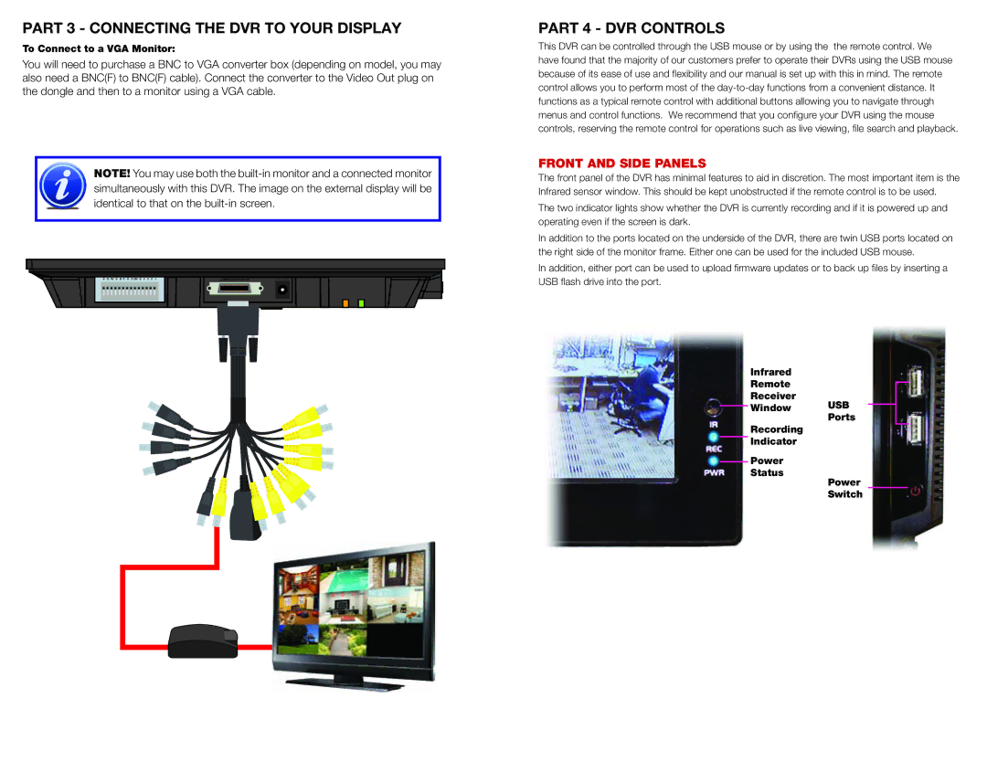 Q-See QC40108 manual Part 3 Connecting the DVR to Your Display, Part 4 DVR Controls, Front and Side Panels 