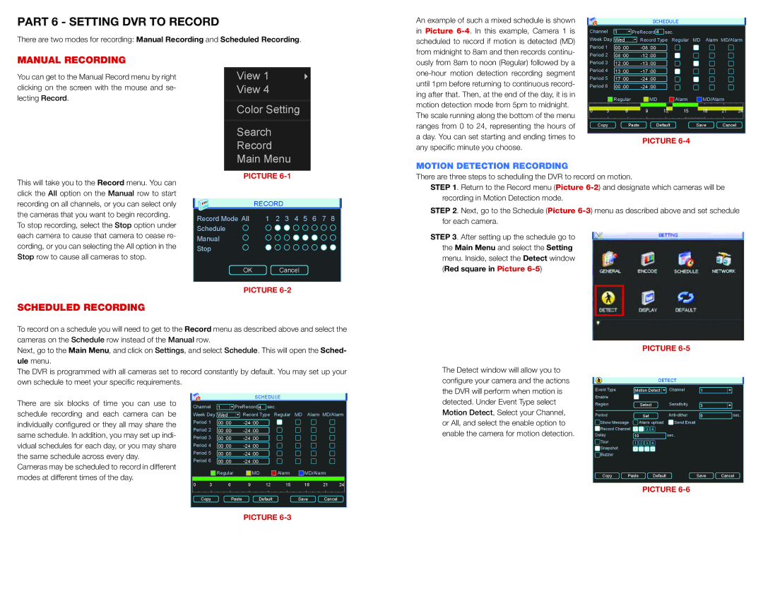 Q-See QC40108 manual Part 6 Setting DVR to Record, Manual Recording, Scheduled Recording 