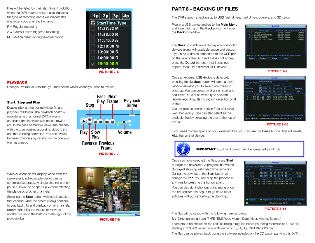 Q-See QC40108 manual Part 8 Backing UP Files, Start, Stop and Play 