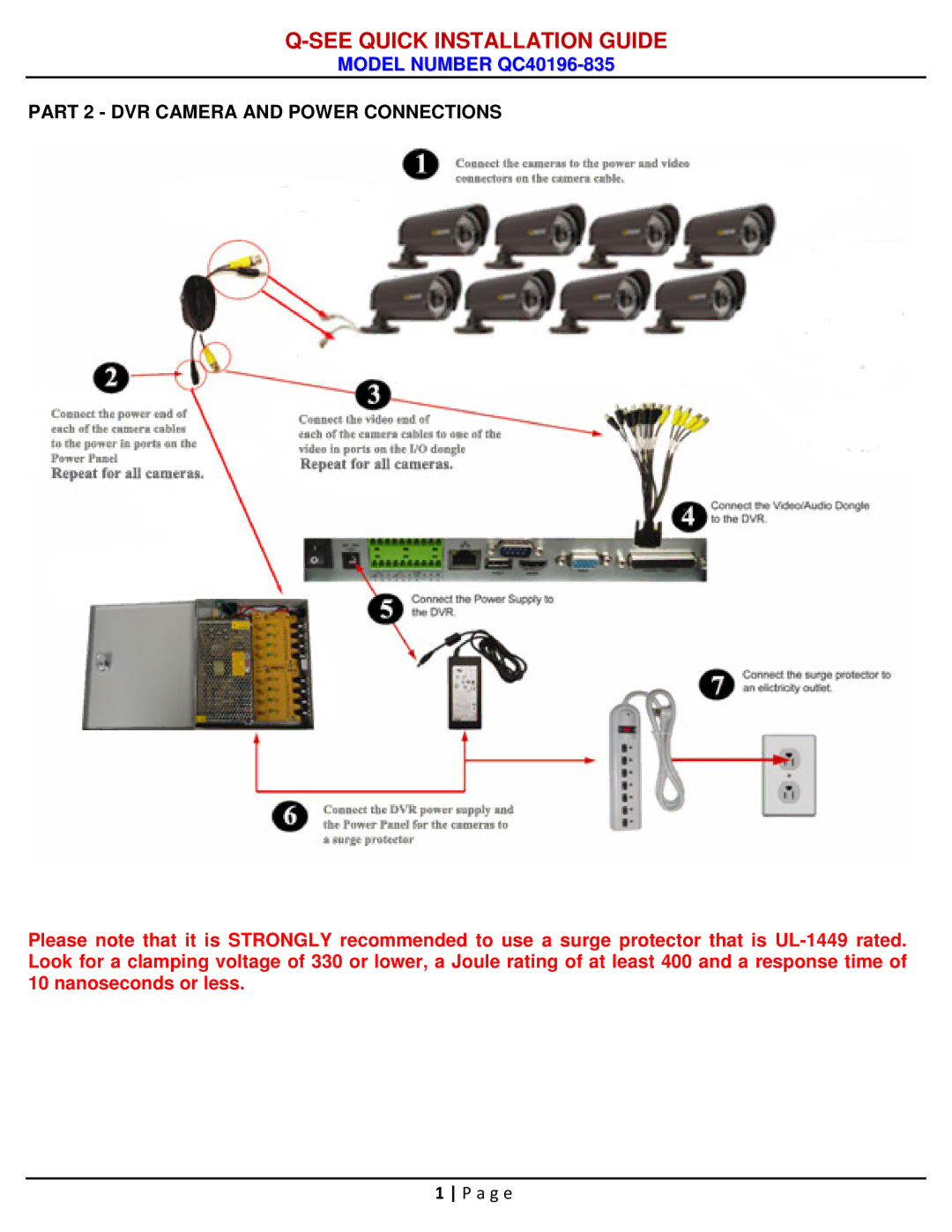 Q-See QC40196-833 manual Part 2 DVR Camera and Power Connections 