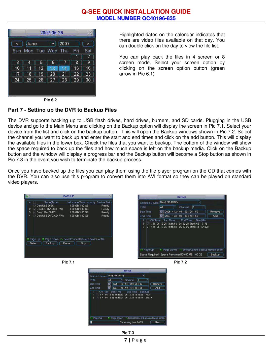 Q-See QC40196-833 manual Part 7 Setting up the DVR to Backup Files 