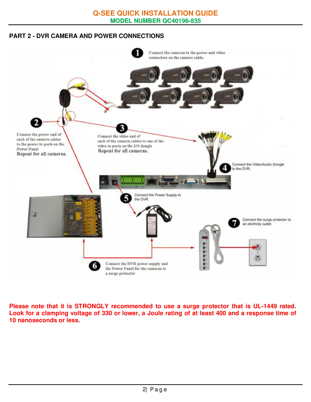 Q-See QC40196-835 manual Part 2 DVR Camera and Power Connections 