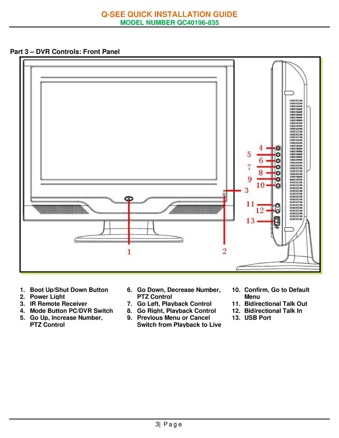 Q-See QC40196-835 manual Part 3 DVR Controls Front Panel 