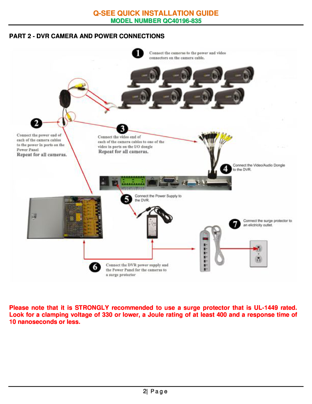 Q-See QC40196-835 manual PART 2 - DVR CAMERA AND POWER CONNECTIONS, P a g e, Q-See Quick Installation Guide 