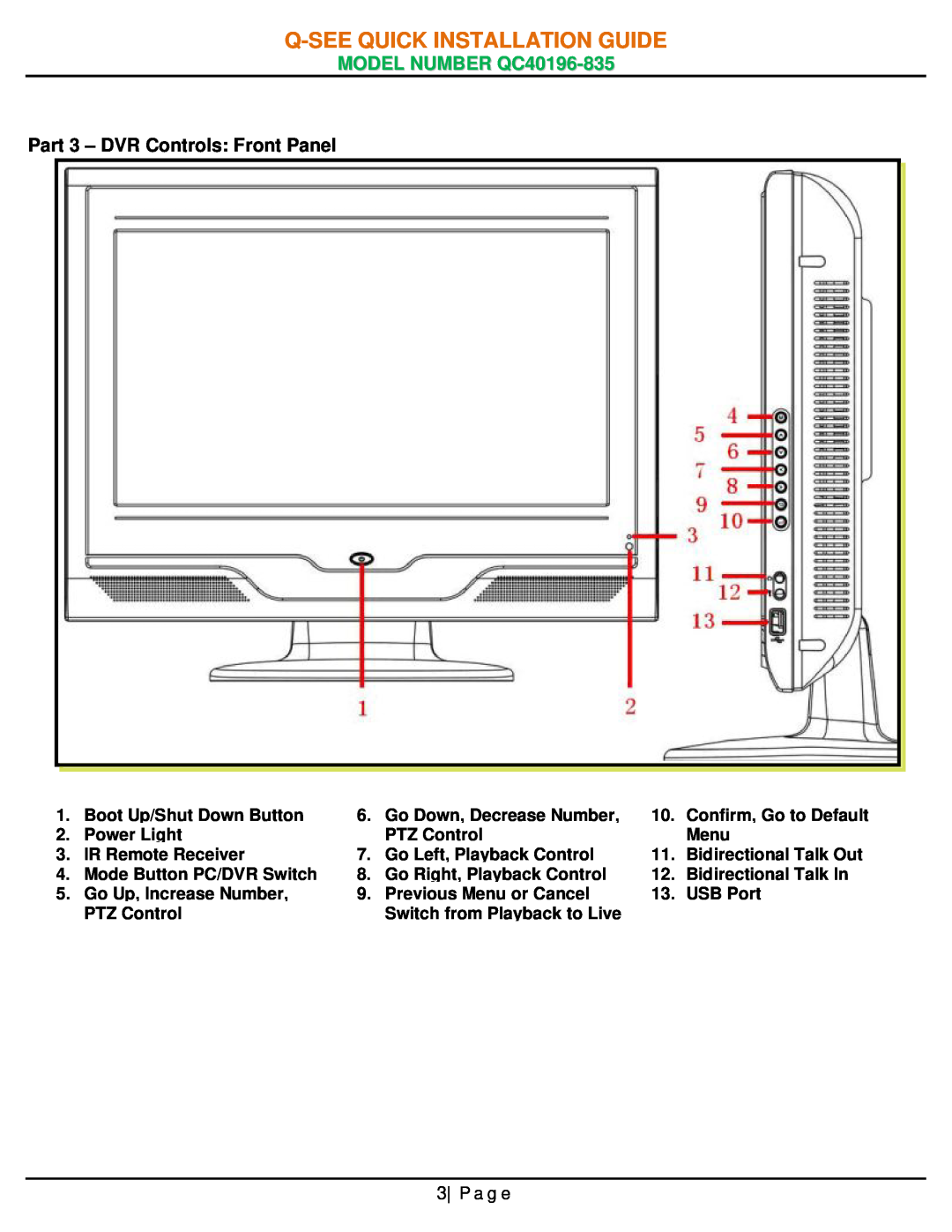 Q-See manual Part 3 - DVR Controls Front Panel, P a g e, Q-See Quick Installation Guide, MODEL NUMBER QC40196-835 