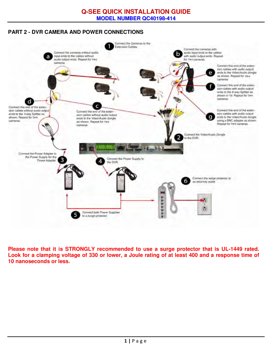 Q-See qc40198-414 manual Part 2 DVR Camera and Power Connections 