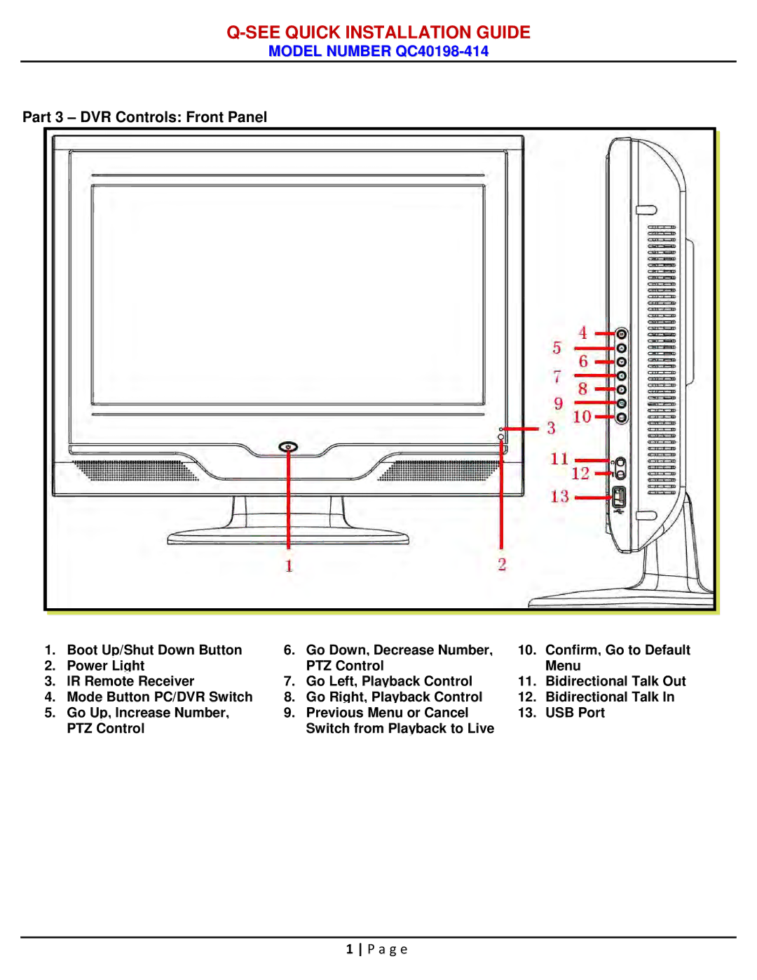 Q-See qc40198-414 manual Part 3 DVR Controls Front Panel 