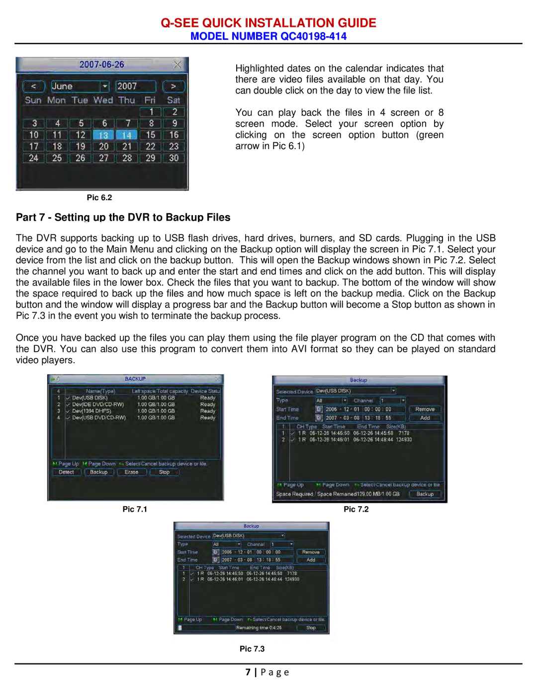 Q-See qc40198-414 manual Part 7 Setting up the DVR to Backup Files 