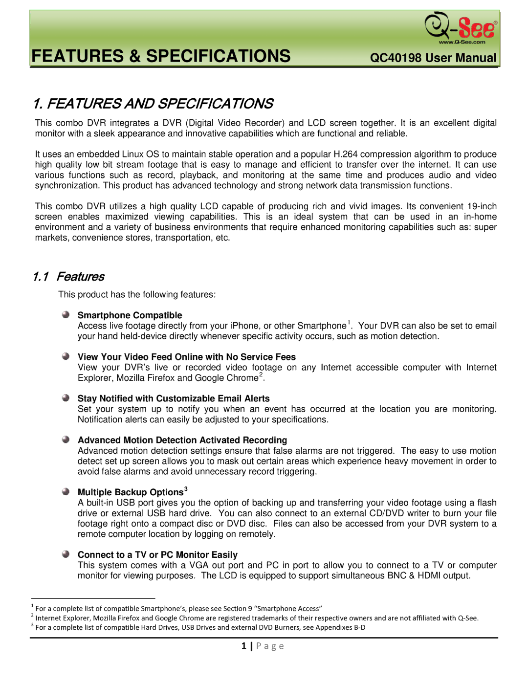 Q-See QC40198 user manual Features & Specifications 