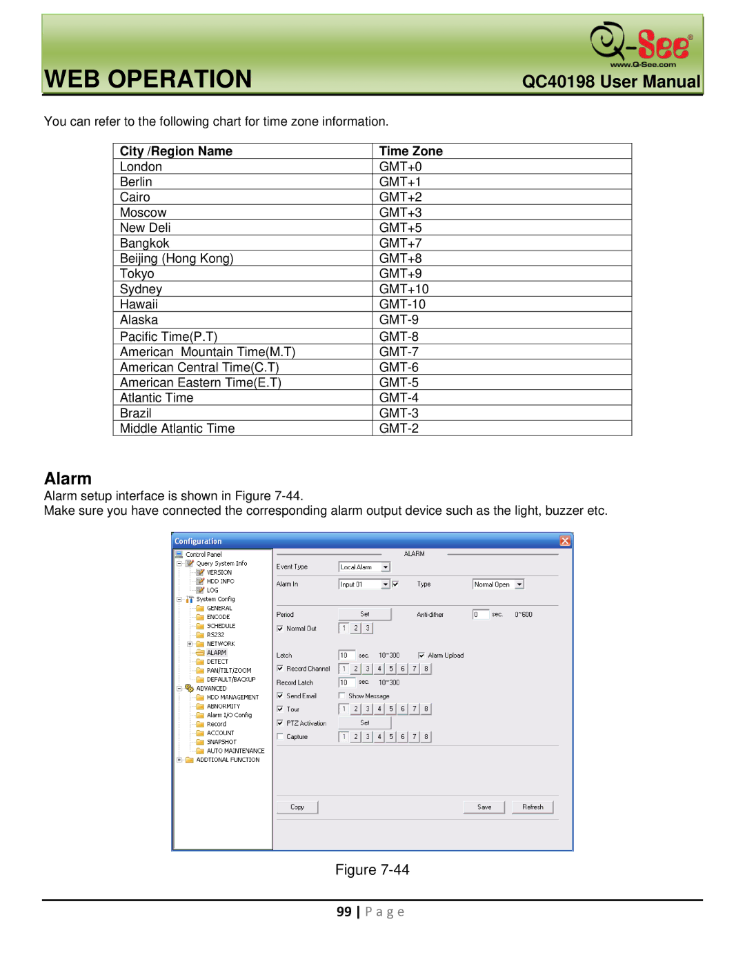 Q-See QC40198 user manual Alarm, City /Region Name 