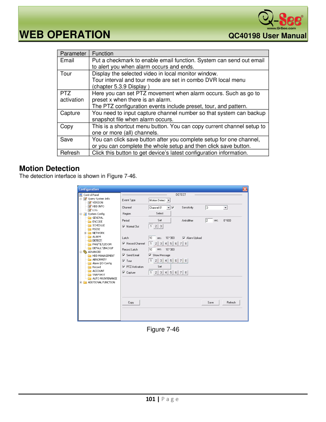 Q-See QC40198 user manual Motion Detection, Ptz 