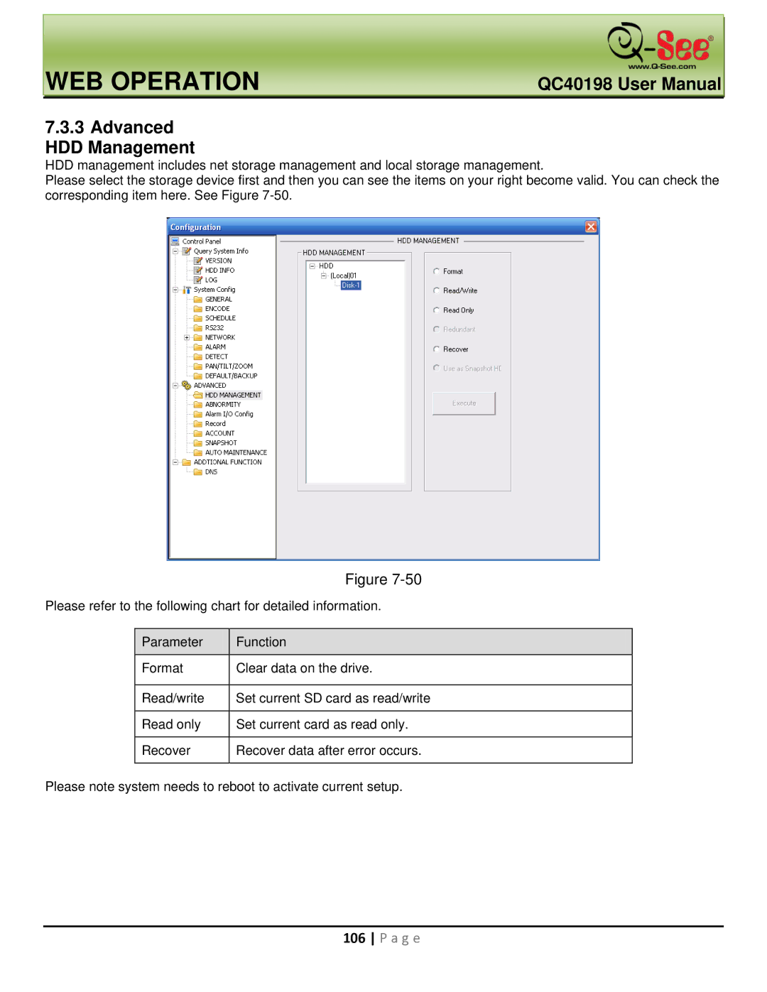 Q-See QC40198 user manual Advanced HDD Management 