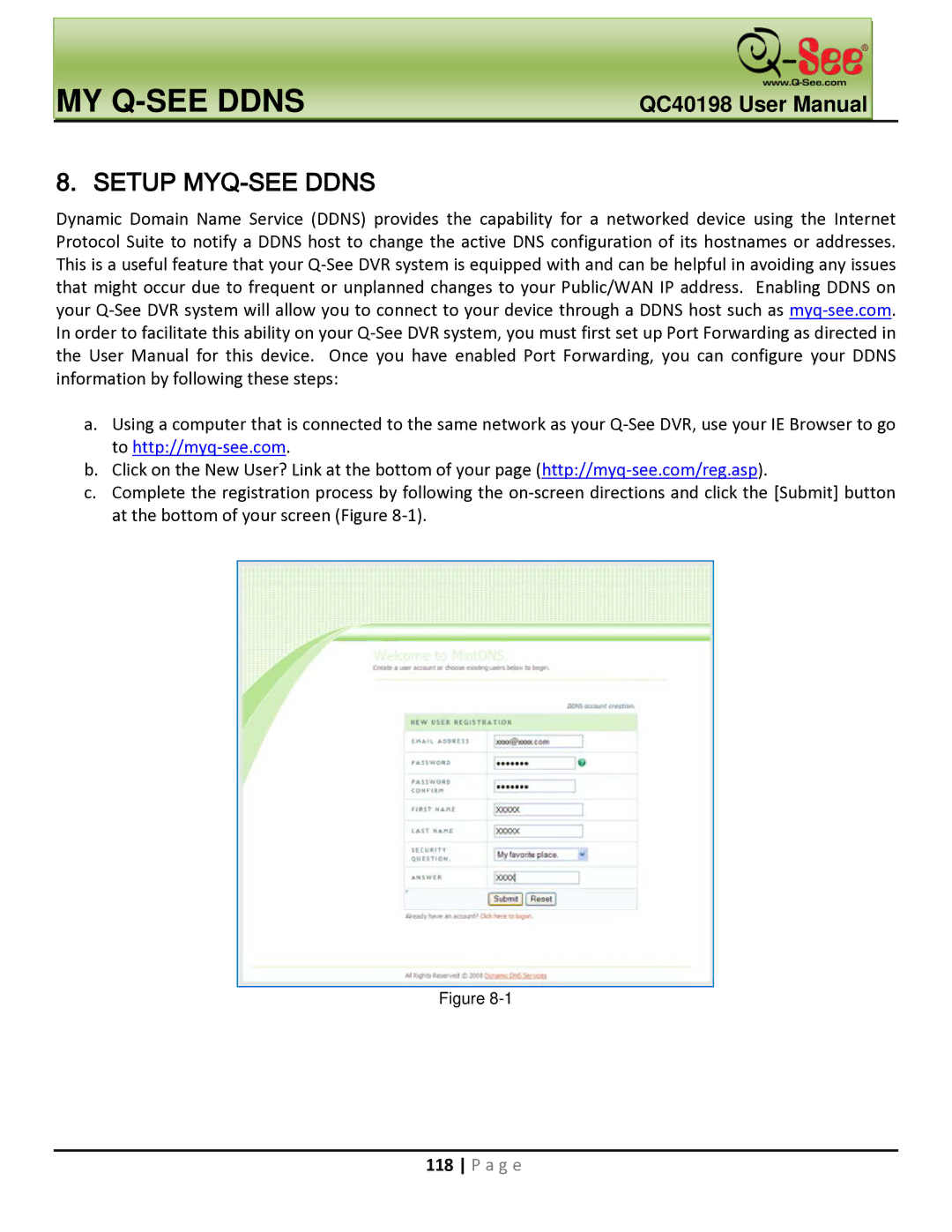 Q-See QC40198 user manual MY Q-SEE Ddns, Setup MYQ-SEE Ddns 